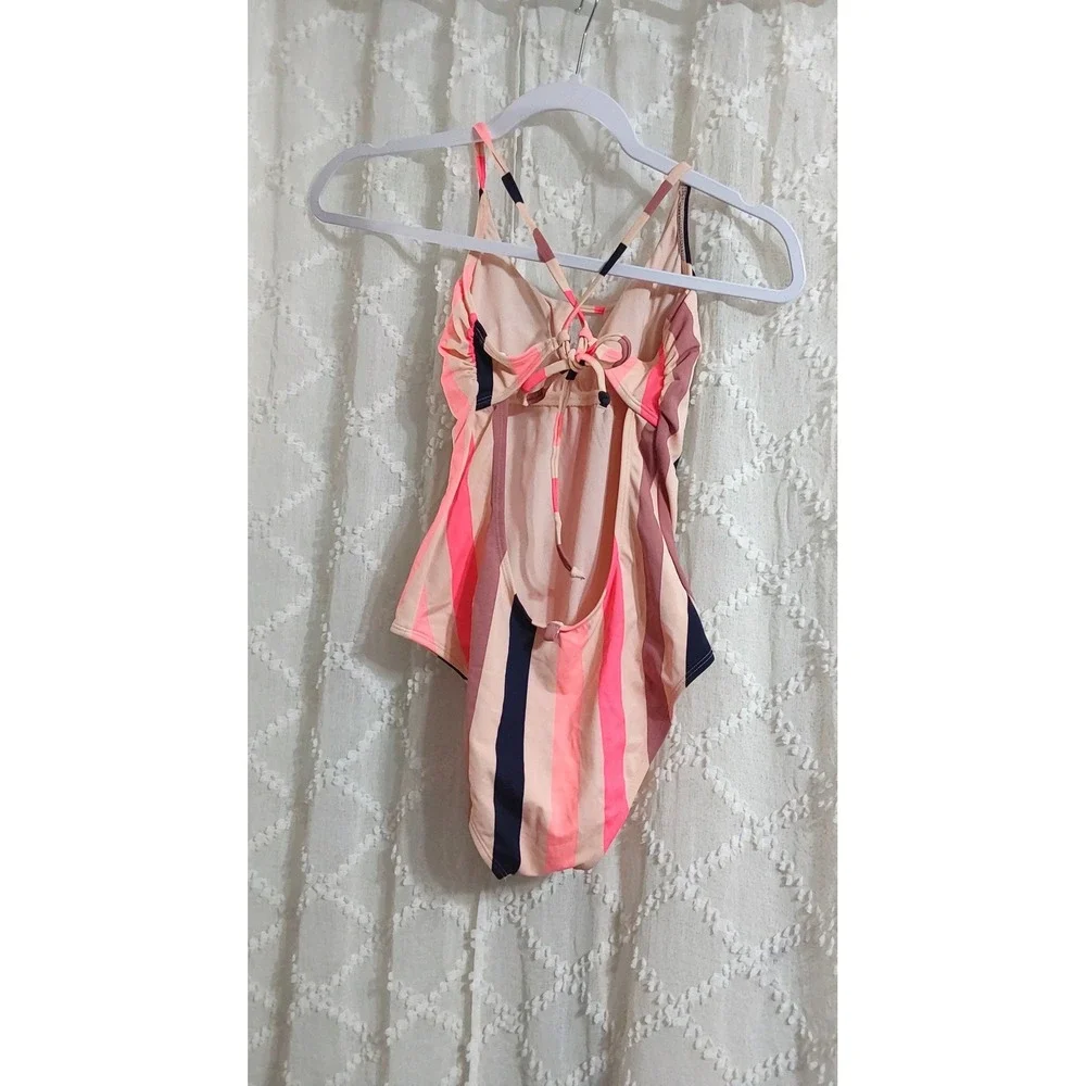 Womens Vertical Stripe One Piece Swimsuit Pink Navy Coral Keyhole Backless Small